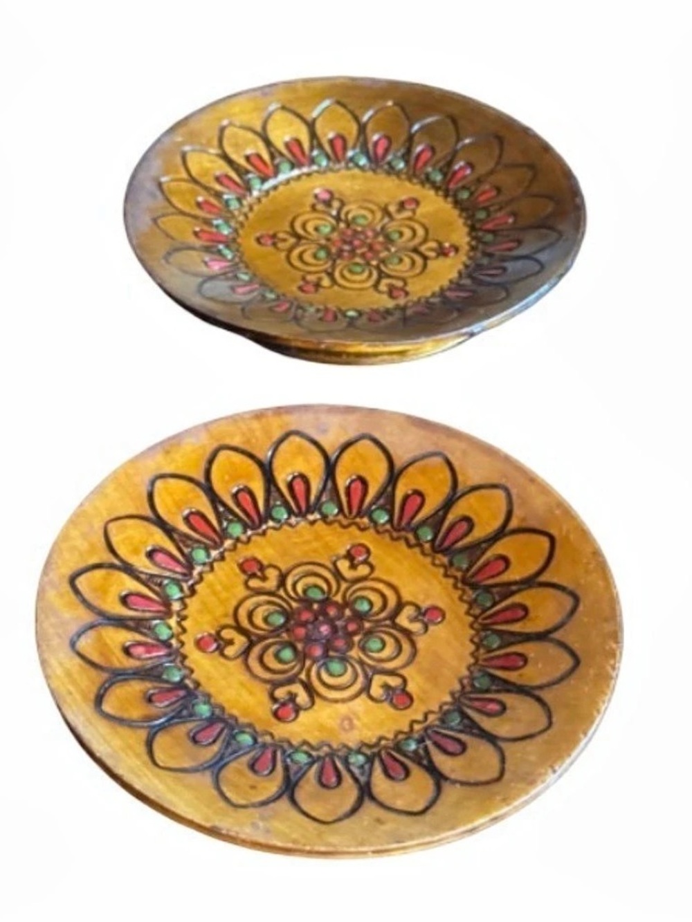 vintage Polish folk art pyrography and painted wooden wall plates (2)